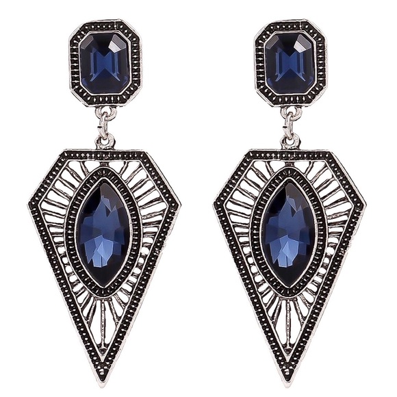 Jewelry - Antiqued Silver Tone & Blue Crystal Drop Earrings